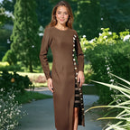 Women's Elegant Long Sleeve Solid Color Dress Autumn Button Round Neck Slim Fit Slimming Dress Women