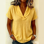 Summer V neck Short Sleeved Cotton Linen Shirt Women Loose Casual Solid Color Top