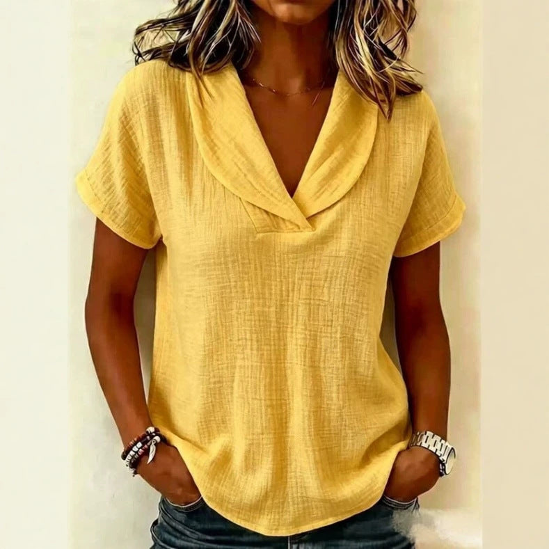 Summer V neck Short Sleeved Cotton Linen Shirt Women Loose Casual Solid Color Top
