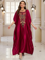 Wine red rayon kaftan swim cover-up with square neckline and ornate chest embroidery