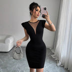 Women's Crew-Neck Lace Ruffle Short-Sleeve Bodycon Knee-Length Dress