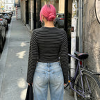 Striped Street off the Shoulder Casual Long Sleeve T shirt