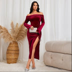 Women's Burgundy Velvet Ruched Midi Dress