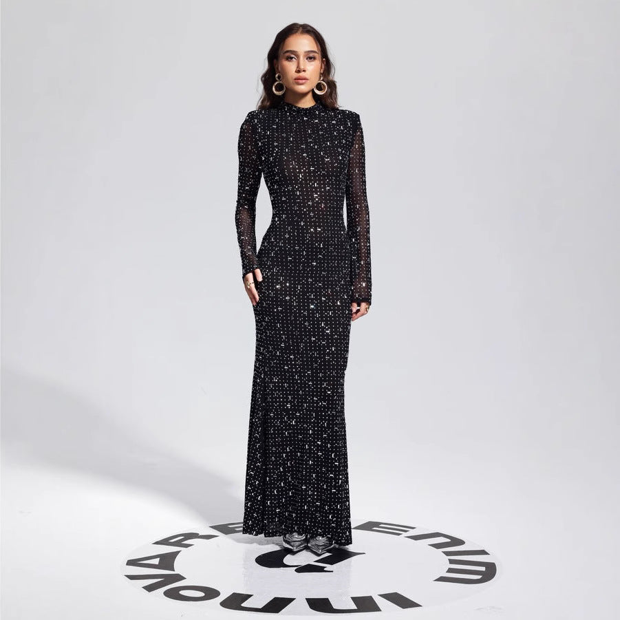 Women's Arrival Black Dress Sexy Strap Rhinestone Tight Long Sleeve Dress