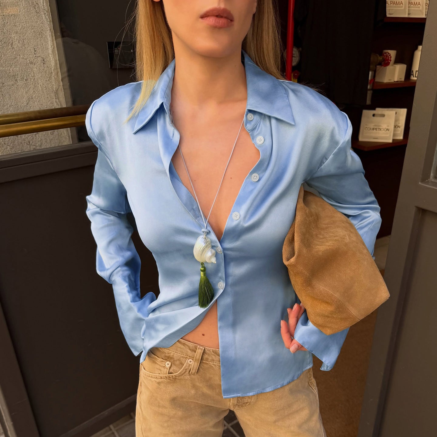 Office Graceful Fashionable Satin Long Sleeve Turn down Collar Blue Top Lightly Mature Elegant Casual Lazy Sense Shirt