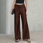 Women Clothing Drawstring Satin Trousers High Waist Solid Color Wide Leg Pants