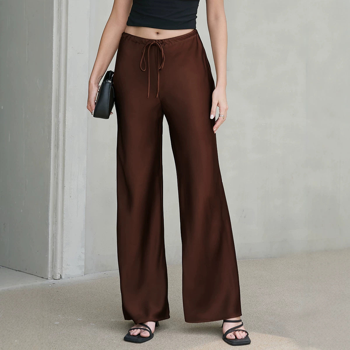 Women Clothing Drawstring Satin Trousers High Waist Solid Color Wide Leg Pants
