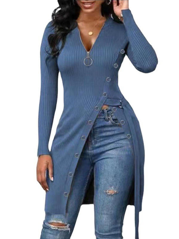 Women's V-Neck Long Sleeve High Slit Thread Zipper T-Shirt