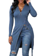Women's V-Neck Long Sleeve High Slit Thread Zipper T-Shirt