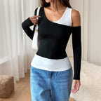 Women's Black And White Asymmetric Long Sleeve Top