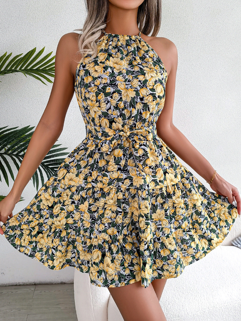 Women's Spring Summer Casual Tied Lotus Leaf Large Swing Floral Dress Women Clothing