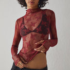 Women’s Burgundy Sheer Lace Mock Neck Top