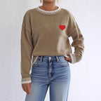 Women Clothing Color Contrast Patchwork Casual Pullover Loose Sweater Love Embroidered Stickers