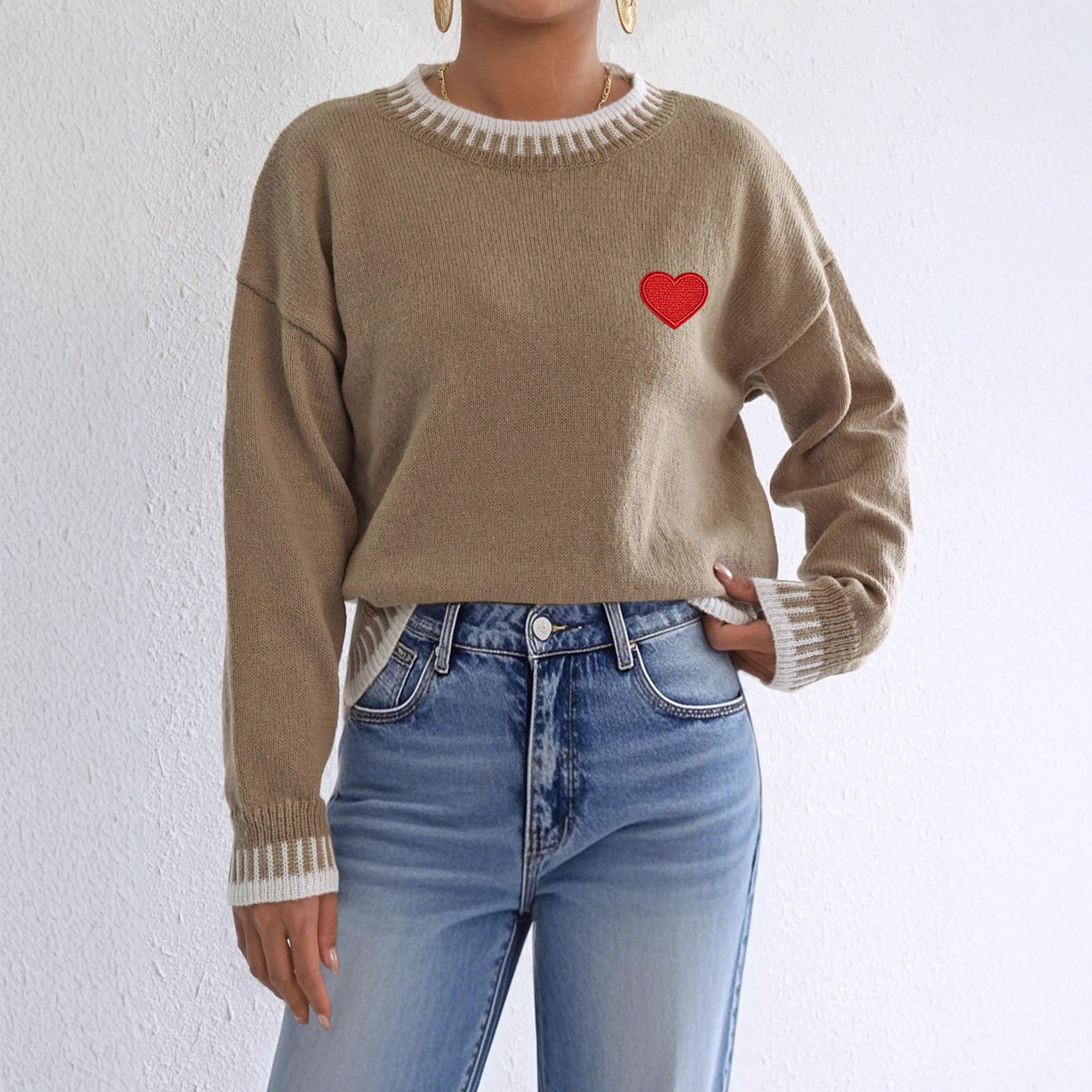 Women Clothing Color Contrast Patchwork Casual Pullover Loose Sweater Love Embroidered Stickers
