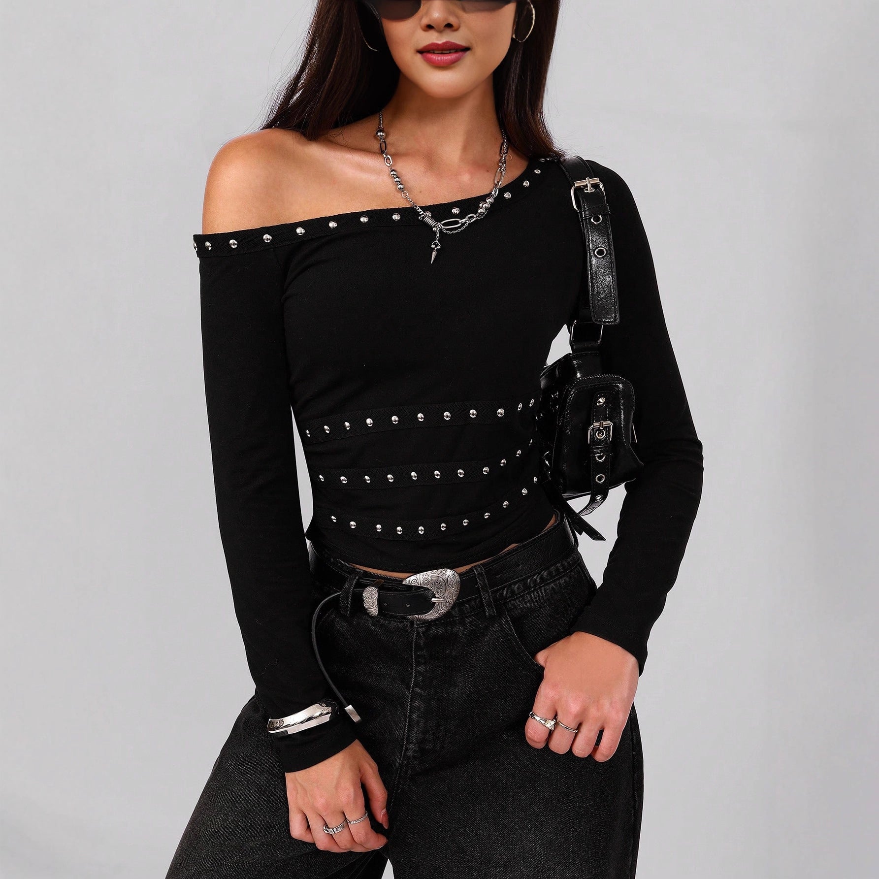 Metal Ribbon Shoulder Detail Fitted Top
