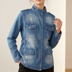 Multi Pocket Washed Zipper Decorations EW Women Denim Jacket