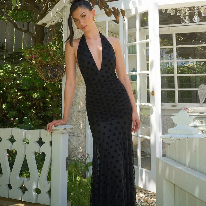 Women's Spring Sexy Deep V Plunge Dot Mesh Backless Lace up Dress