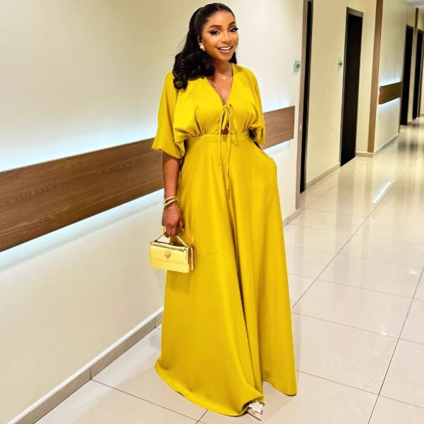Women's V-Neck Cutout Lace-Up Maxi Dress