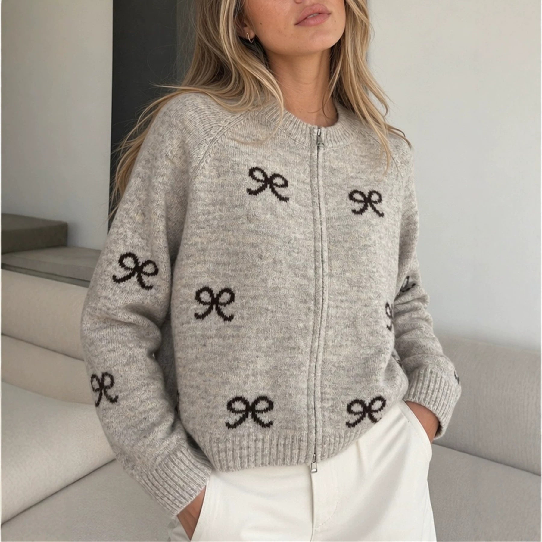 Women's Bow Jacquard Knit Cardigan