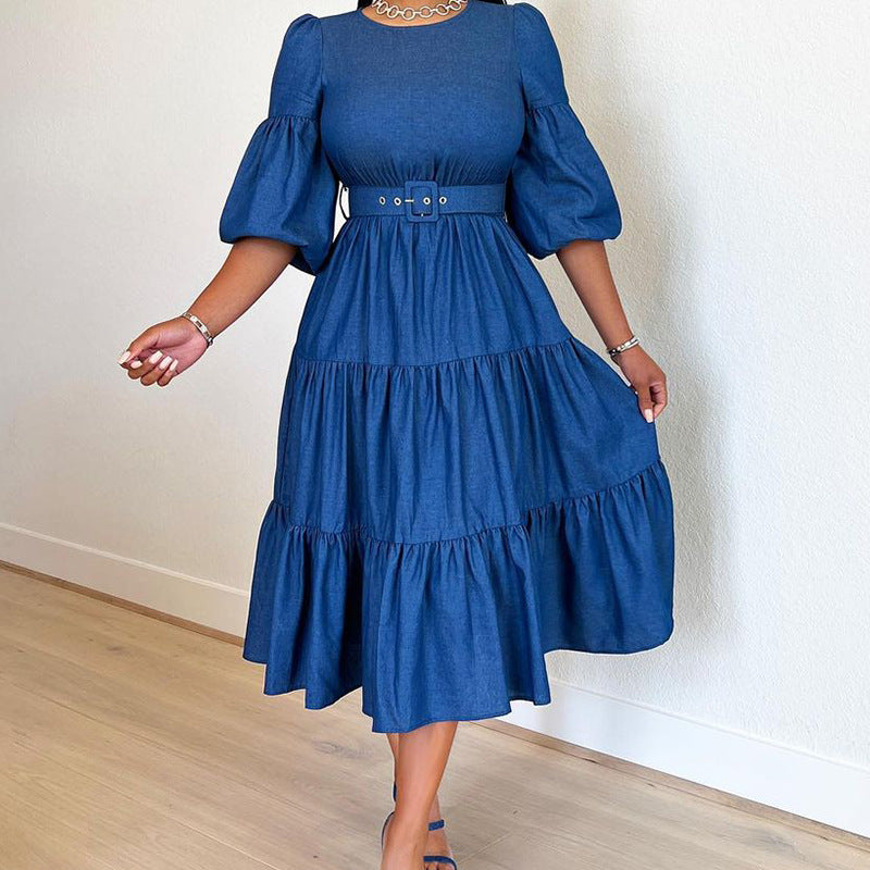 Round-Neck Half-Sleeve Denim Dress