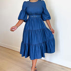 Round-Neck Half-Sleeve Denim Dress