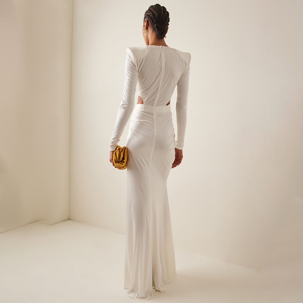 Women's White V-Neck Cutout Long-Sleeve Dress