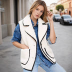Autumn Lamb Wool Black with a Turn down Collar Edging Design Vest Jacket