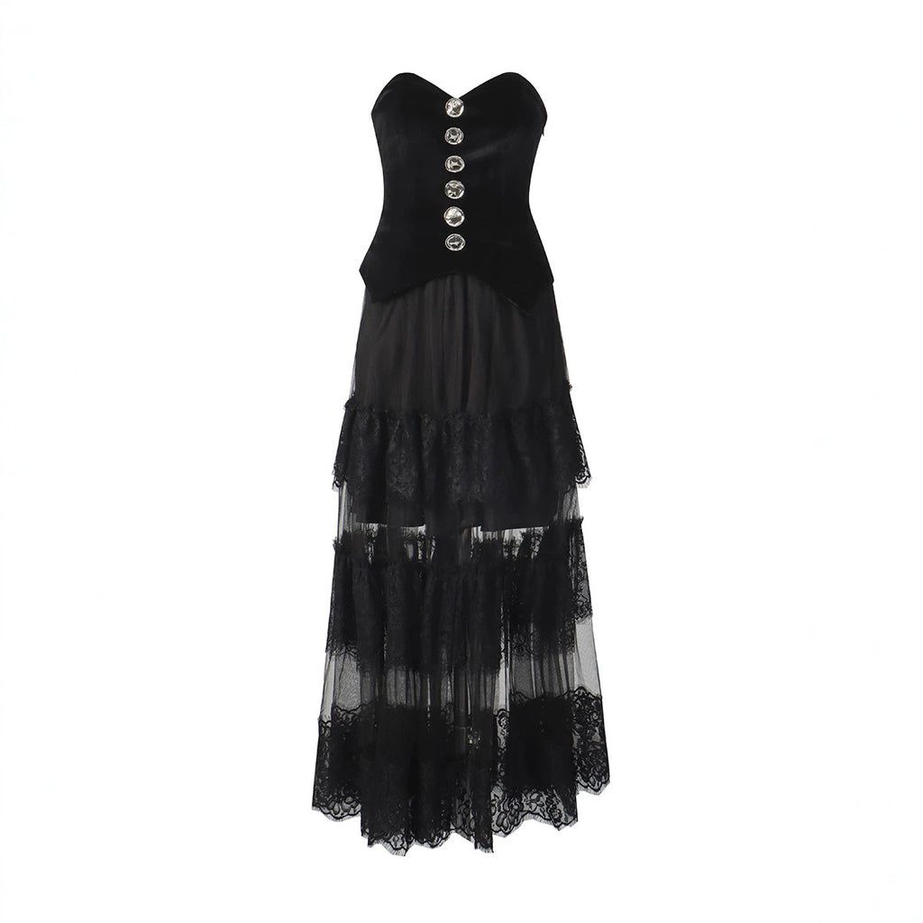 Black strapless lace dress, buttoned corset bodice and layered tiered skirt