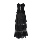 Black strapless lace dress, buttoned corset bodice and layered tiered skirt