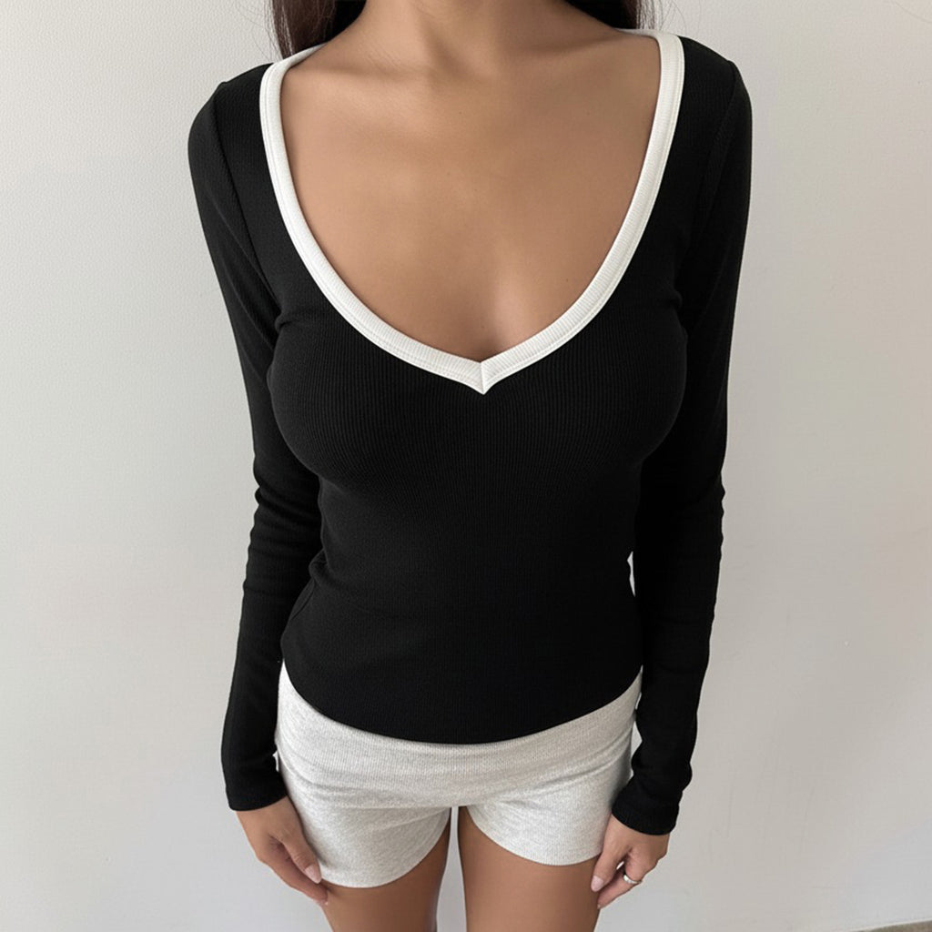 Women’s Black V Neck Contrast Stripe Long Sleeve Top