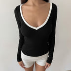 Women’s Black V Neck Contrast Stripe Long Sleeve Top