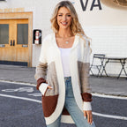 Women's Mid Length Hooded Knit Cardigan Autumn Winter Contrast