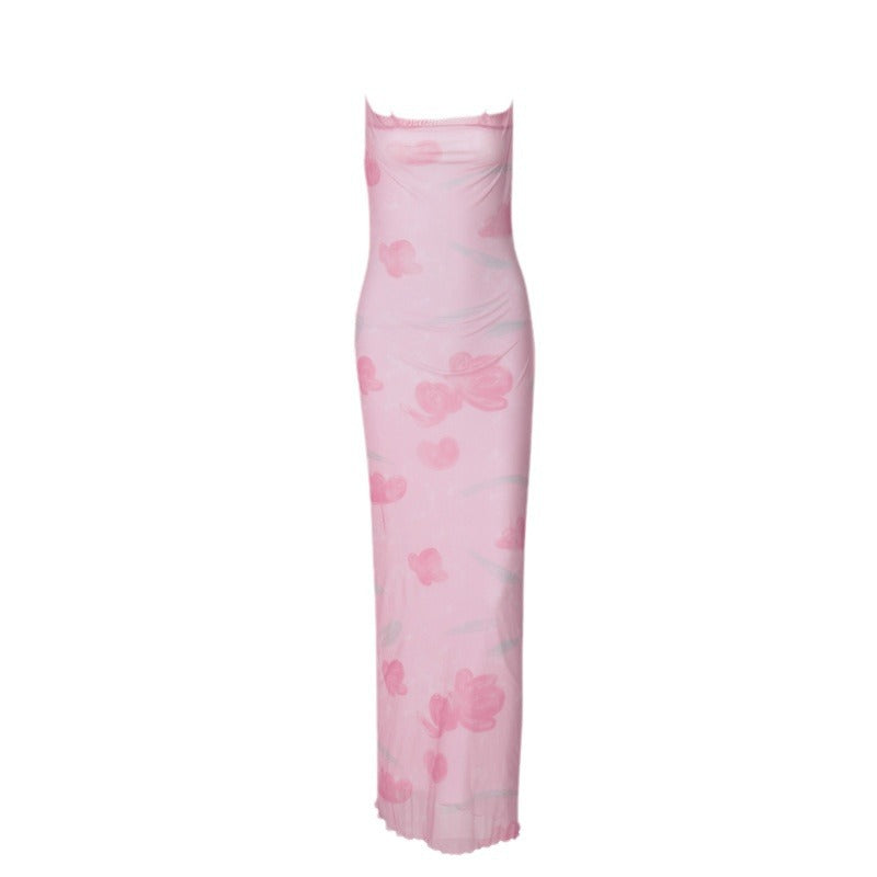 Summer Sweet Spicy Off-Neck Mesh Floral Print Long Strappy Dress