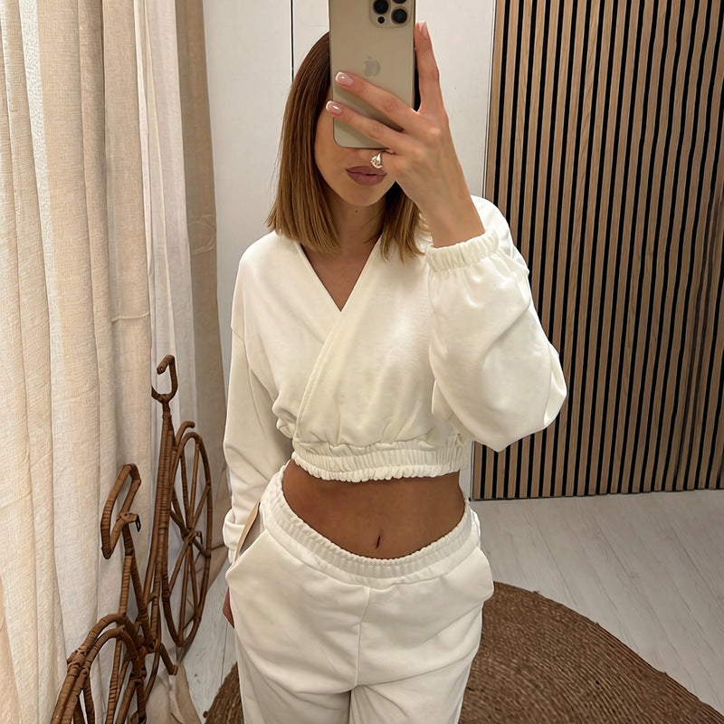 Women Clothing Autumn Cross V neck Sexy Solid Color Slim Short Sweater