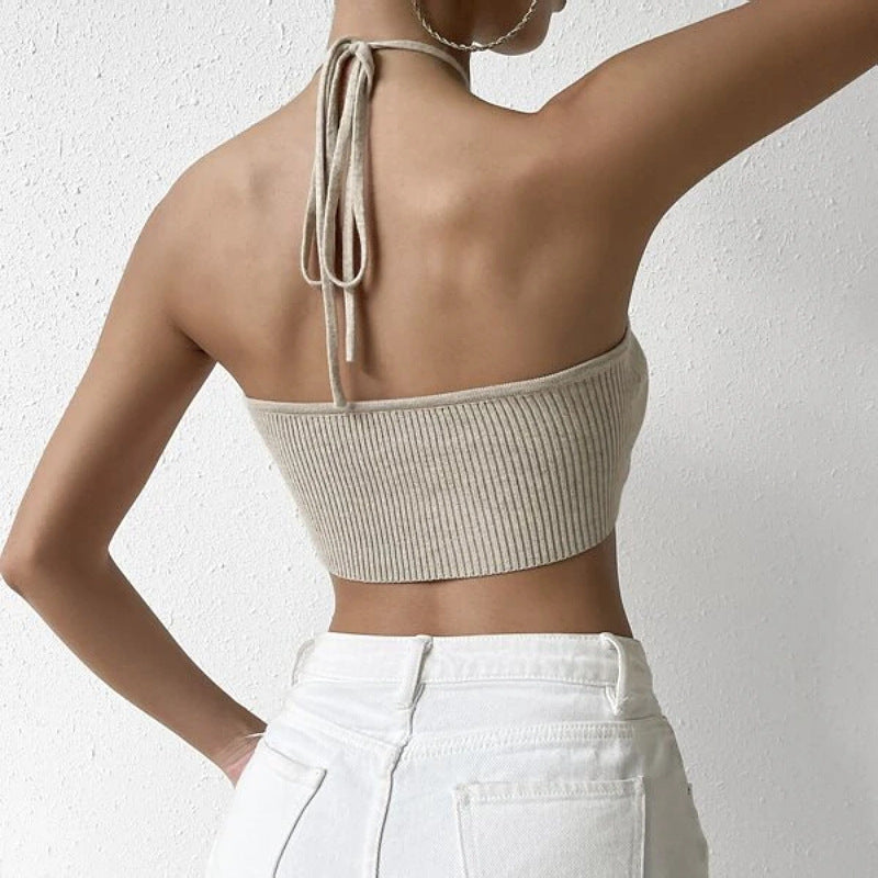 's Short Temperamental Backless Halter Lace Up Knitted Vest Top