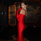 Women's Strapless Satin Asymmetric Split Maxi Dress