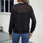 Casual Top Autumn Winter Loose Stitching Lace Hollow Out CO