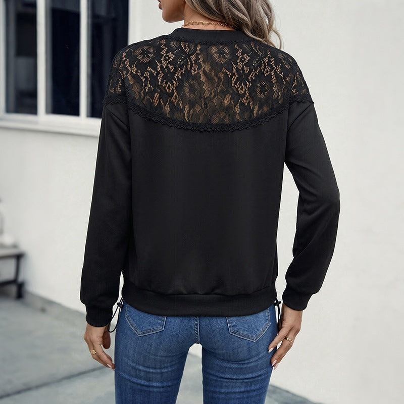 Casual Top Autumn Winter Loose Stitching Lace Hollow Out CO