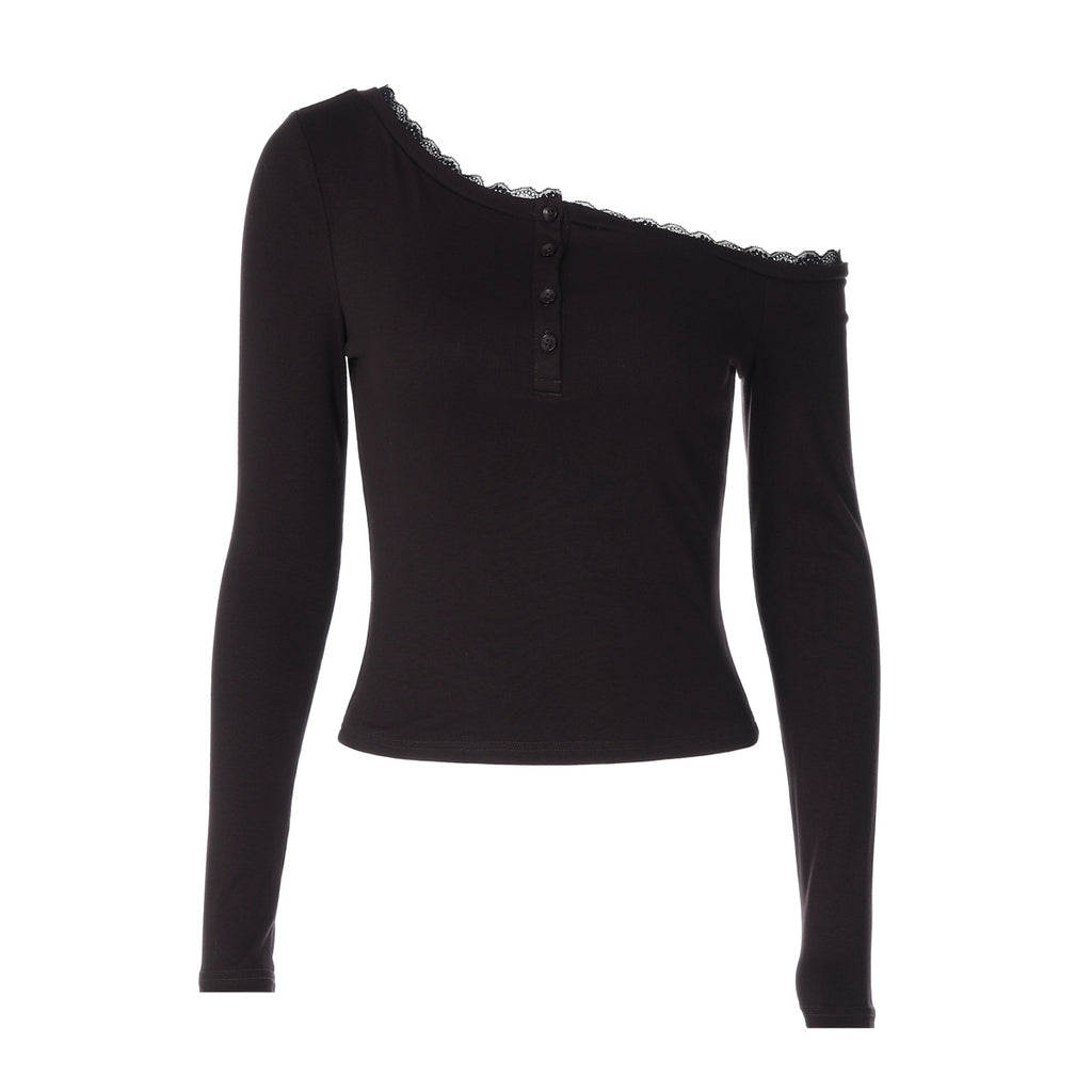 Women's French Sexy Lace Lace Long Sleeved T Shirt Women Autumn Slim Diagonal Collar Top Women
