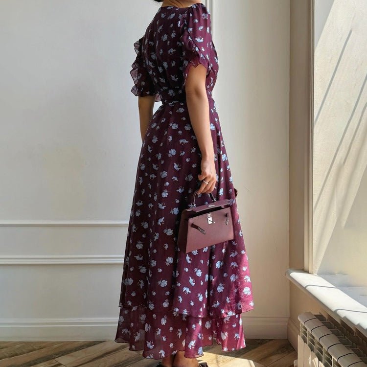 Women's French V-Neck Short-Sleeve Button Dress