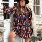 Mixed Bohemian Women Early Autumn Long Sleeves Mid Length Dress