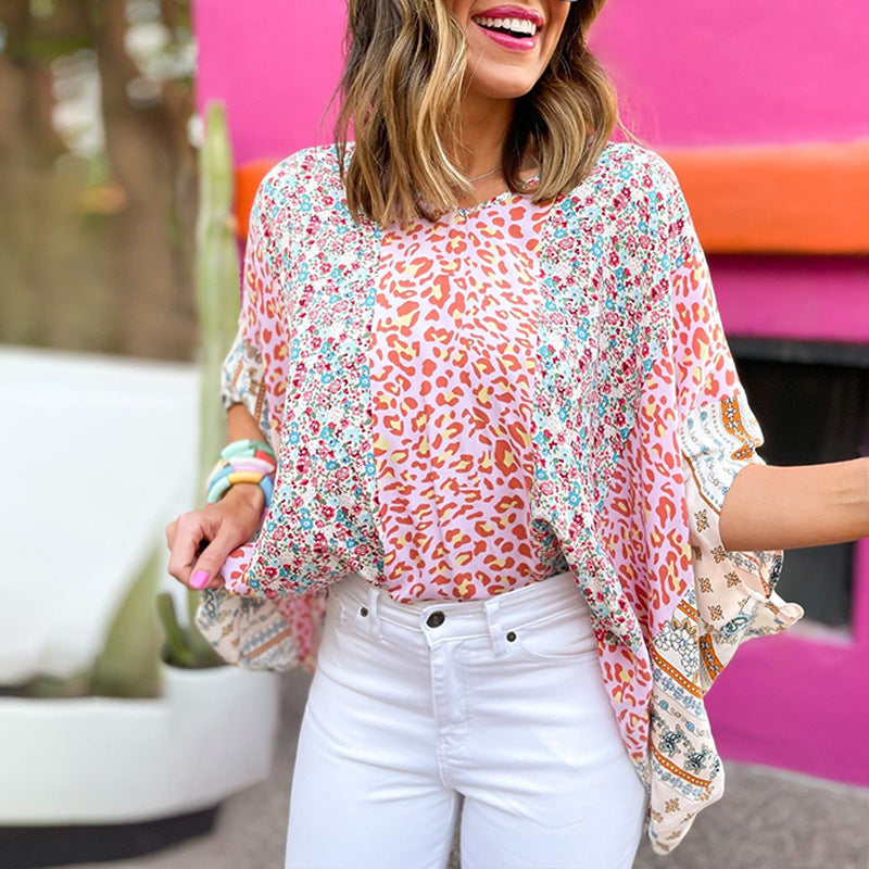 Women's Floral Contrast-Print Top – Three-Quarter Sleeve