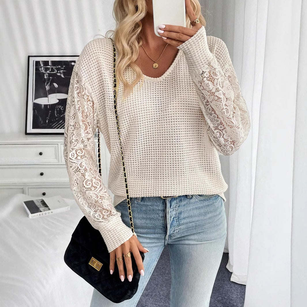 V-Neck Lace-Stitching Long-Sleeve Top
