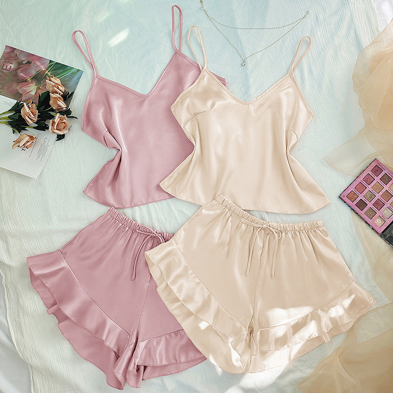 Women's Home Two-Piece Pajamas Artificial Silk Camisole Shorts Suit Sleeveless Pajama