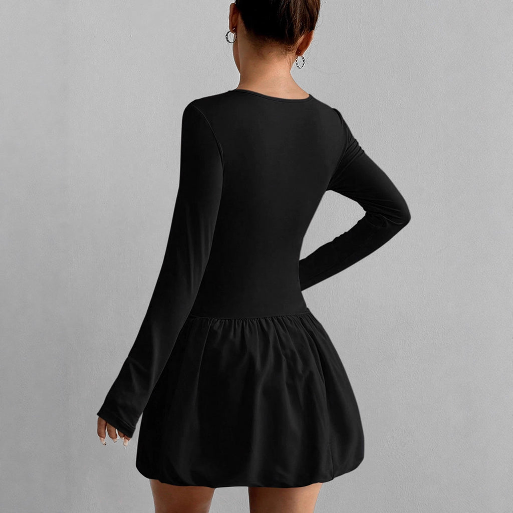 Crew-Neck Long-Sleeve Ruched A-Line Mini Dress