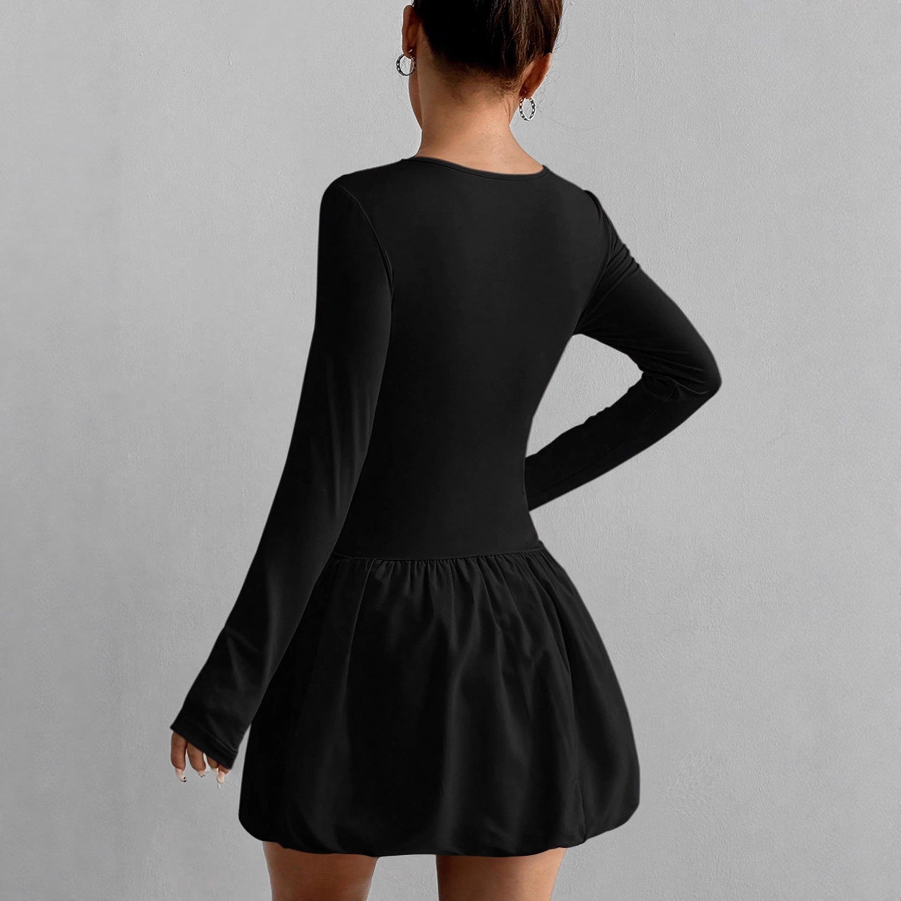 Crew-Neck Long-Sleeve Ruched A-Line Mini Dress