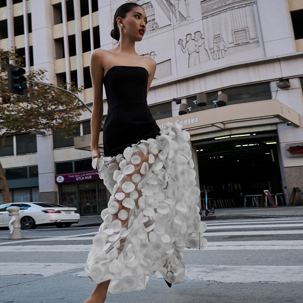 Women's Spring Summer Black White Strapless Dress Three Dimensional Floral Pettiskirt
