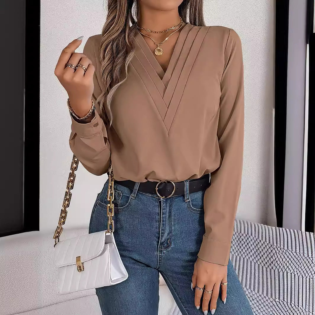 Women's Real Shot Autumn Winter Elegant Solid Color Stacked V Neck Long Sleeve Shirt Women Clothing