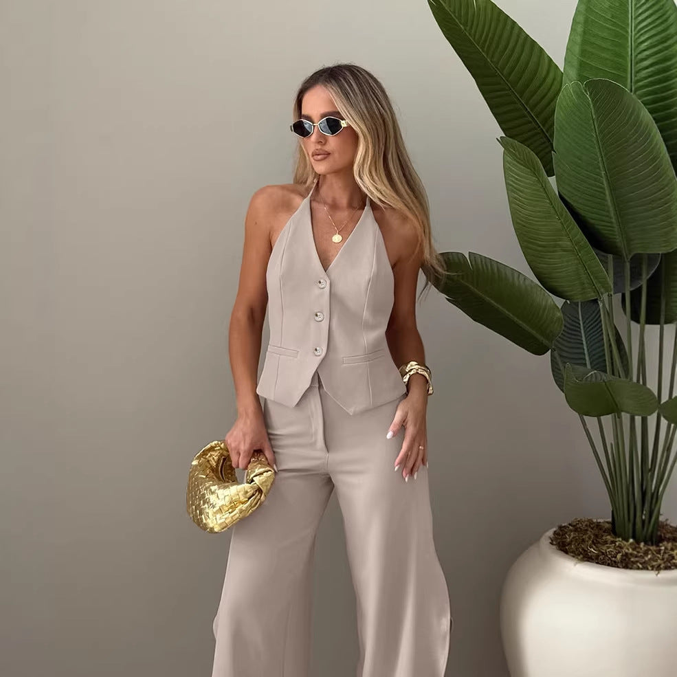 Women's Khaki Sleeveless Halter Self Tie Slit Small Tank Top Two-Piece Set