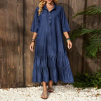 Women's denim short-sleeve dress with button-front collar, tiered hem, navy blue